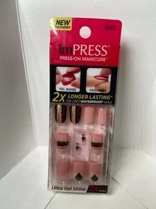 Impress Manicure Press on Nails Short Pink, w/black & Gold, with jewel charm - Picture 1 of 1