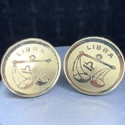 Dante Libra Zodiac Cufflinks Gold Tone Signed Round Horoscope Birthday Vintage - Image 1 of 4