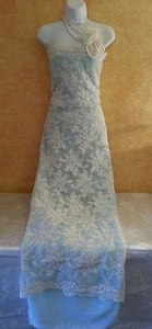 Vintage Glam Style Ivory Beaded Lace & Blue Sheath Wedding Bridal Gown Maxi - Picture 1 of 12