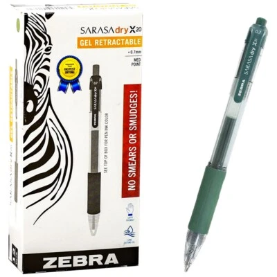Zebra Sarasa dry X20 0.7 46940 Forest Green Gel Ink Medium Point Pen, Box of 12