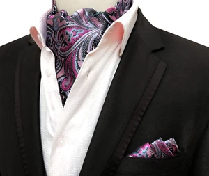 Classic Men's Ascot Cravat Tie Silk Paisley Red Blue Scarf Cravat Hanky Set - Picture 1 of 1