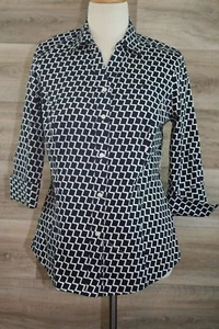 Nautica Button Up Womens Dress Shirt, 3/4 Sleeve -Black & White Geometric design - Picture 1 of 7
