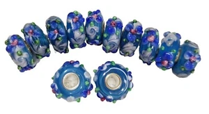Schönes 12er Set blau rosa erhabene Blume Murano Lampwork europäische Glasperlen - Bild 1 von 2