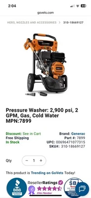 Pressure Washer: 2,900 psi, 2 GPM, Gas, Cold Water MPN:7899 - Image 1 of 2