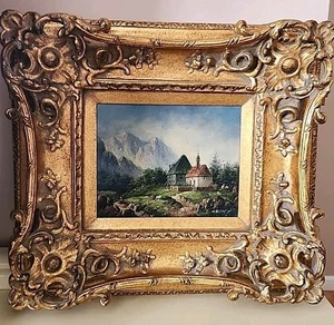 Framed Alpine Landscape Oil Painting, Cottage & Mountains – Signed, Rococo Frame - Picture 1 of 15