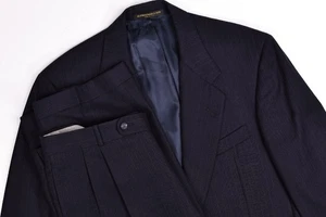 Tuta classica vintage Hickey Freeman Sons blu navy a righe 42R pantaloni con polsini pieghettati 37x30 - Foto 1 di 17