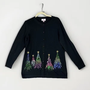 NWT Quacker Factory Christmas Tree Sweater Cardigan Womens S Black Sequin - Picture 1 of 9