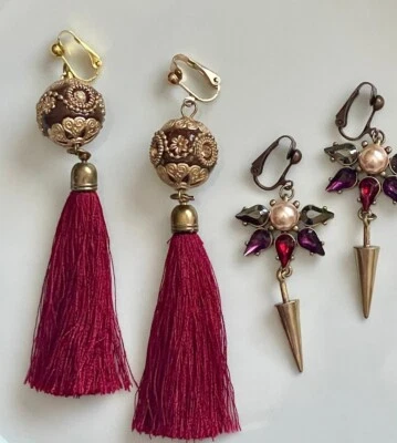 Clip on Earrings Set of 2 Long Vintage Style Drop Dangle Rhinestone Faux Pearl - Image 1 of 4