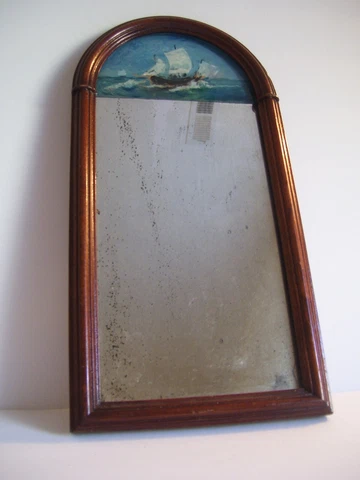 Antique Handpainted Reverse Painted Mirror Sailing Ship Arch Top Wood Frame Cover