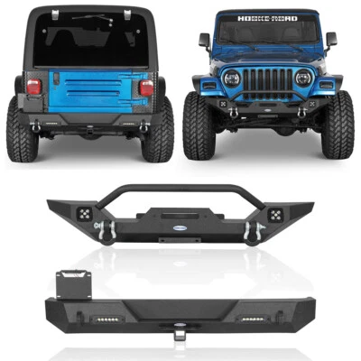 Front Rear Bumper w/ LED Lights Matte Black Steel for 1997-2006 Jeep Wrangler TJ Foto 1 de 4