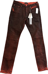 Purple Brand Jeans Men 34 Red Molten Lava Color Coated Denim Cow Leather Patch