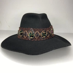 Scala Womens Vintage 100% Wool Hat Western Cowgirl Boho Beaded Black Wide Brim - Picture 1 of 11
