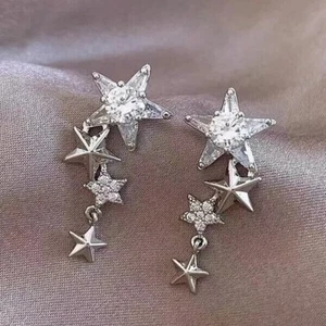 Round Simulated Diamond Stunning Star Drop Dangle Earrings 14k White Gold Plated - Picture 1 of 8