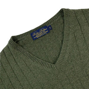 VTG L Mens Brooks Brothers Olive Green Wool / Angora Cable Knit V Neck