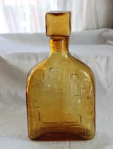 Vintage MCM Italy Empoli Amber Geometric Glass Decanter Square Stopper Embossed - Picture 1 of 9