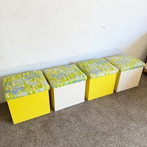 Boho Regency Yellow and Off White Lacquer Laminate Floral Cushion Low Stools - Picture 1 of 9