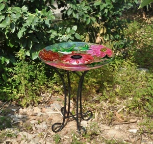 Solar Glass Bird Bath W/Metal Stand-Hummingbird Yard Garden Decor Water Fountain - Picture 1 of 5