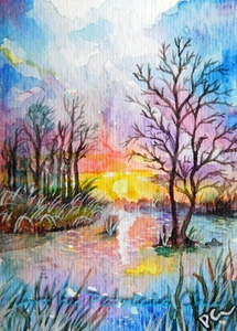ACEO LE Art Card Print 2.5"x3.5" " Sunset River Side " Landscape Art by Patricia - Picture 1 of 1