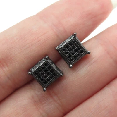 925 Sterling Silver Real Black Spinel Princess Stud Black Rhodium Earrings - Image 1 of 4