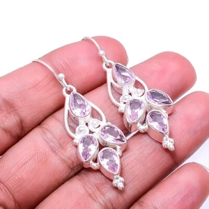 Pink Kunzite Multi Collet 925 Sterling Silver Earring 1.95" E5 Valentine Gift - Picture 1 of 3