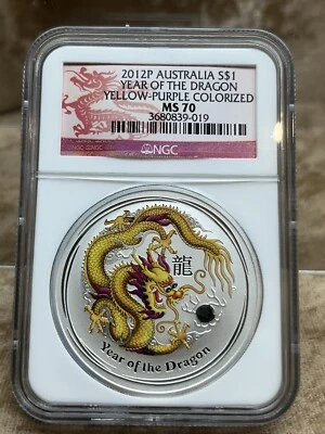 Australia 2012-P $1 NGC MS70 Year Of Dragon Colorized Yellow Purple  - Image 1 of 4