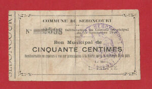 FRANCE  Bon Municipal Commune de SEBONCOURT 50 Centimes Note 1915 a/Fine - LOOK!