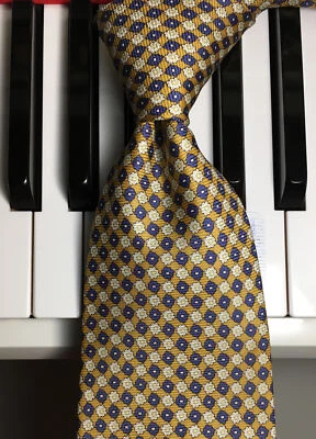 W.V. BROWN /Jermyn St. London Luxury Floral Check Silk Tie in Navy, Gold & Ivory - Image 1 of 4