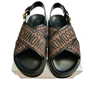 Moschino Mens 45 12 13 Brown Black Slingback Sandals Leather Slides Logo Slides - Picture 1 of 7