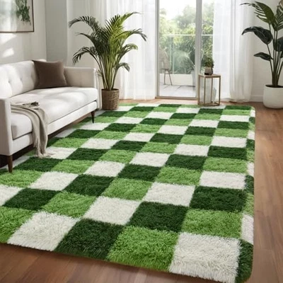 Alfombra a cuadros moderna Nuttumico para salón dormitorio, 4x6 pies verde  Foto 1 de 4