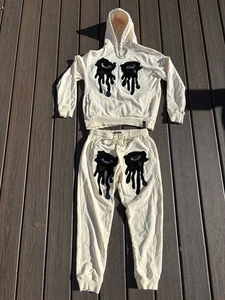Roku Studio Strass Träne Drip Hoodie & Jogger Set Streetwear Eierschale Gr. M - Bild 1 von 13