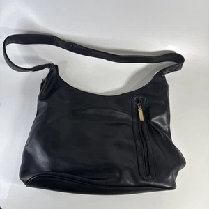 Liz Claiborne VTG Black Leather Hobo Slouch Shoulder Bag Purse Brass SOFT - Picture 1 of 12