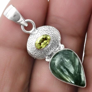 Natürlicher russischer Seraphinit & Peridot 925 Sterlingsilber Anhänger Schmuck P-1676 - Bild 1 von 5