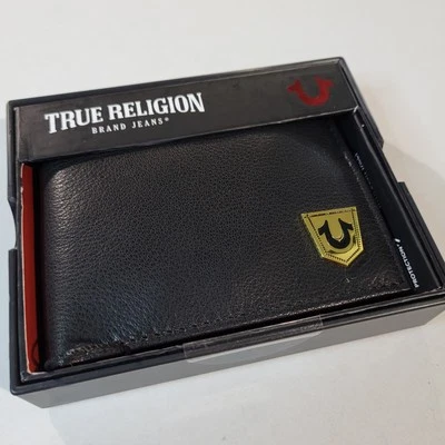 Cartera de cuero negra True Religion para hombre delgada doble pliegue logotipo dorado nueva en caja de regalo Foto 1 de 4