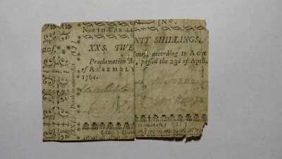 1761 Twenty Shillings North Carolina NC Colonial Currency Note Bill! 20s! RARE - Image 1 of 2