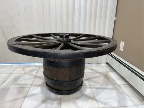 Antique Wood/Steel Wagon Wheel Coffee Table w/Barrel Base Primitive Country Farm Cover