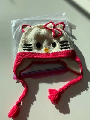 Crocheted Hello Kitty Kids Hat Size 3-7 yrs Knit Beanie Braided Ear Flaps Cap - Image 1 of 4