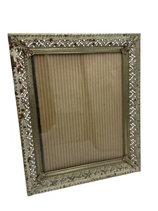 Vtg Photo Picture Frame Ornate Filigree Metal Gold White 8x10 Easel MCM Regency - Picture 1 of 11