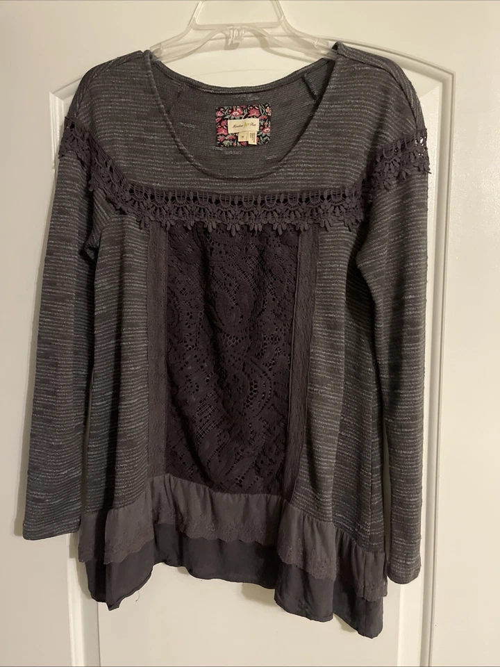 Top Meadow Rue Anthropologie Gris Boho Encaje Ojales Mediano Gitano Informal Campesino Foto 1 de 4