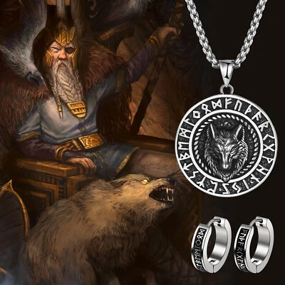 3pcs Mens Retro Viking Wolf Totem Pendant Necklace Huggie Hoop Rune Earrings Set - Image 1 of 4