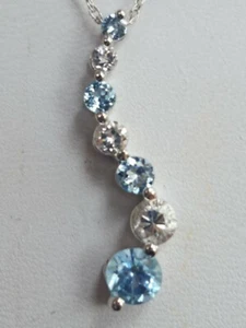 Blue &White Topaz Created Round Cut Journey Pendant Necklace 10ktSolidWhiteGold  - Picture 1 of 12