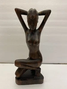 Hand Carved 13" Kneeling Topless Woman with Hands In Her Hair - Picture 1 of 8