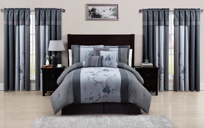 Chezmoi Collection 7pcs Blue Gray Bedding Set Embroidered Floral Comforter Set - Image 1 of 4