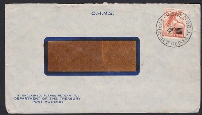1957 PNG Papúa Nueva Guinea 4D franqueo sobreimpresión pájaro OHMS cubierta KONEDOBU CDS Foto 1 de 2