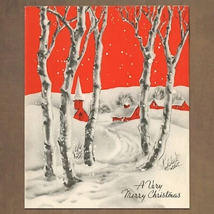Unused Vintage 1940s A VERY MERRY CHRISTMAS Card, Winter Road Trees Town Church - Picture 1 of 6