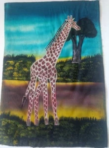 Giraffe Batik Fabric Art Savannah Africa Ethnic Sunset Painting Signed Handmade - Picture 1 of 5