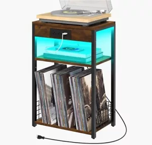 3 Tier End Table with Charging Station and LED Lights, Brown Record Player Stand - Picture 1 of 7
