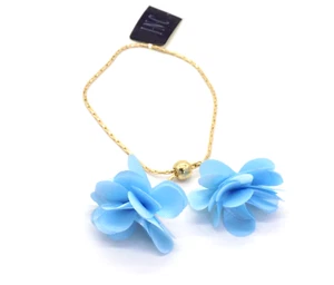INC Blue Fabric Flower Slider Bracelet Gold-tone Chain Clear Crystals Retail $26 - Picture 1 of 5