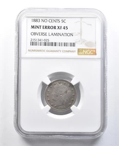 1883 Liberty V Nickel No Cents Mint Error Obverse Lamination XF45 NGC *8235 - Picture 1 of 3