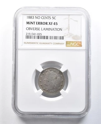 1883 Liberty V Nickel No Cents Mint Error Obverse Lamination XF45 NGC *8235 - Image 1 of 3