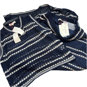 Solitario Dos Piezas Tejido Abierto Azul Marino Blanco Rayas Crochet Falda Conjunto Tanque Boho Nuevo Con Etiquetas Med - Imagen 1 de 8